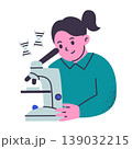 Young girl character looking through microscope, flat cartoon child scientist. Biology lesson and science hobby, kids laboratory vector illustration, isolated colored scene on white background 139032215
