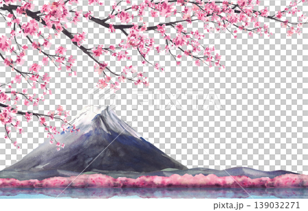 Watercolor Mount Fuji with blooming sakura tree branch and Lake Kawaguchi water reflection. Hand drawn cherry blossom Japan Landscape illustration on isolated white background for travel post card. Watercolor Mount Fuji with blooming sakura tree branch and Lake Kawaguchi water reflection. Hand drawn cherry blossom Japan Landscape illustration on isolated white background for travel post card. 139032271
