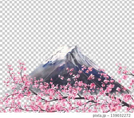 Mount Fuji and Blooming sakura tree branch. Japan Landmark with pink cherry blossom flowers and Mountain Fujiyama. Watercolor hand drawn illustration. Spring Landscape on isolated white background. Mount Fuji and Blooming sakura tree branch. Japan Landmark with pink cherry blossom flowers and Mountain Fujiyama. Watercolor hand drawn illustration. Spring Landscape on isolated white background. 139032272
