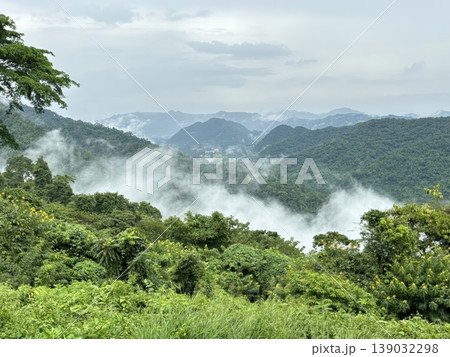 Misty Tropical Mountain Landscape with Lush Green Forest and Foggy Valley View Misty Tropical Mountain Landscape with Lush Green Forest and Foggy Valley View 139032298