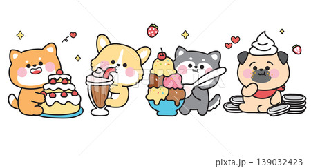 Set of cute kawaii dogs eating desserts vector illustration. Shiba inu, Set of cute kawaii dogs eating desserts vector illustration. Shiba inu, 139032423