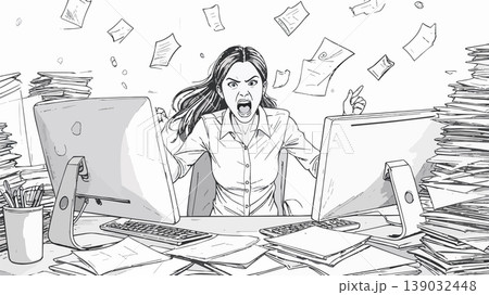 Woman screaming feeling overwhelmed by chaotic office workload Woman screaming feeling overwhelmed by chaotic office workload 139032448