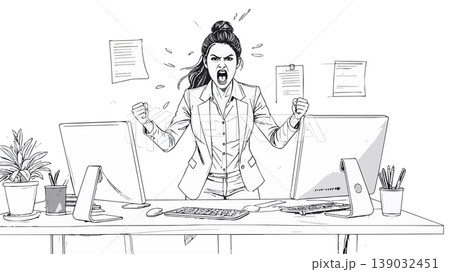 Businesswoman yelling in rage experiencing work stress Businesswoman yelling in rage experiencing work stress 139032451