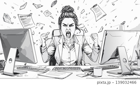 Stressed businesswoman screaming from office work burnout Stressed businesswoman screaming from office work burnout 139032466