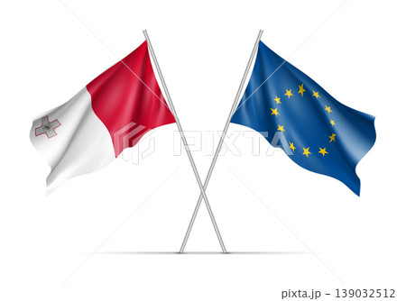 Malta and European Union waving flags on flagpole. EU sign with twelve gold stars on blue and Malta national symbol white and red colors. Two flags isolated on white background Malta and European Union waving flags on flagpole. EU sign with twelve gold stars on blue and Malta national symbol white and red colors. Two flags isolated on white background 139032512