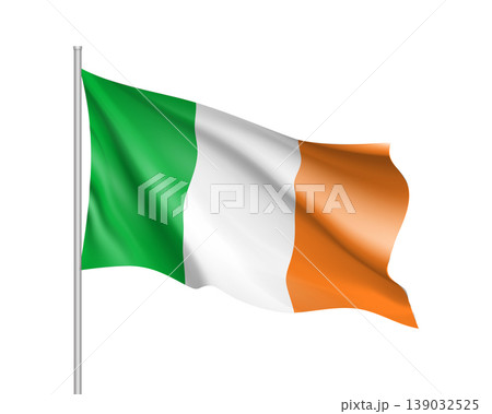 Waving flag of Ireland state. Illustration of European country flag on flagpole with red and white colors. Vector 3d icon isolated on white background Waving flag of Ireland state. Illustration of European country flag on flagpole with red and white colors. Vector 3d icon isolated on white background 139032525