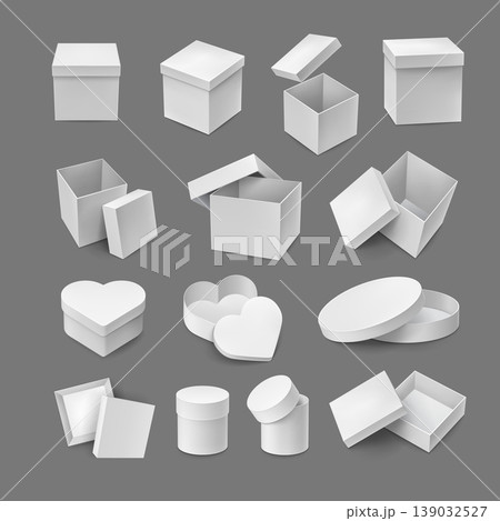 Various cardboard boxes packaging set. White containers in square, round and love heart shapes. Realistic plastic boxes isolated on gray background. Blank case vector illustration. Various cardboard boxes packaging set. White containers in square, round and love heart shapes. Realistic plastic boxes isolated on gray background. Blank case vector illustration. 139032527