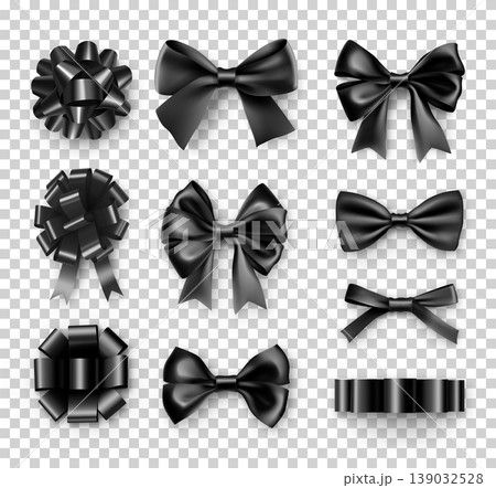 Stylish black gift bows with ribbons. Black friday sale promotion decor isolated on transparent background. Realistic decoration for retail event. Different objects from silk vector illustration. Stylish black gift bows with ribbons. Black friday sale promotion decor isolated on transparent background. Realistic decoration for retail event. Different objects from silk vector illustration. 139032528