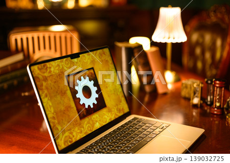 歯車の設定画面を表示したノートPC 139032725