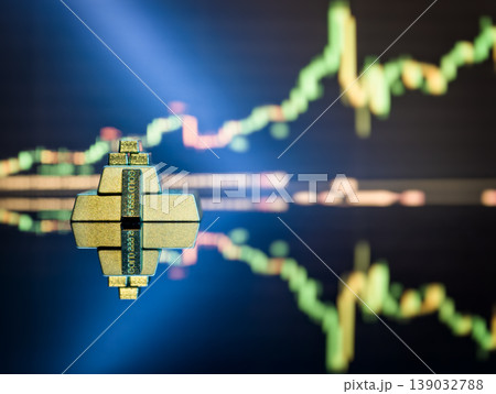 Solid financial foundation. Stacked physical gold bars reflecting on a dark surface with glowing forex candlestick graphs in the background. 139032788