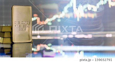 one ounce gold bullion bar on a reflective surface with blurred coin stacks and a glowing candlestick market chart in the background, representing gold investment, wealth protection, commodity one ounce gold bullion bar on a reflective surface with blurred coin stacks and a glowing candlestick market chart in the background, representing gold investment, wealth protection, commodity 139032791