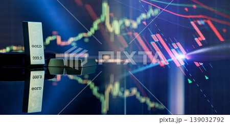 Gold trading concept. Pure gold bullion bars and glowing digital financial stock market candlestick charts. Gold trading concept. Pure gold bullion bars and glowing digital financial stock market candlestick charts. 139032792