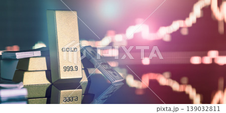 Gold bars and US dollars against a blurred falling red financial chart. Concept of economic crisis, market crash, and safe-haven assets. Gold bars and US dollars against a blurred falling red financial chart. Concept of economic crisis, market crash, and safe-haven assets. 139032811