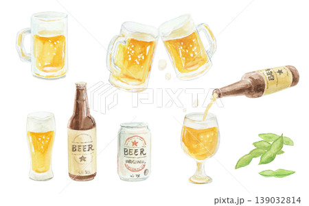 水彩絵の具で描いたシンプルなビールのイラストセット 水彩絵の具で描いたシンプルなビールのイラストセット 139032814