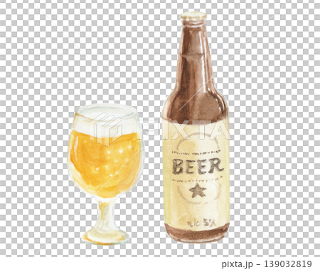 水彩絵の具で描いたシンプルなグラスビールとビンのイラスト 139032819