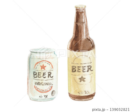 水彩絵の具で描いたシンプルなビール瓶と缶のイラスト 水彩絵の具で描いたシンプルなビール瓶と缶のイラスト 139032821