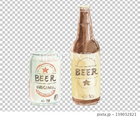 水彩絵の具で描いたシンプルなビール瓶と缶のイラスト 水彩絵の具で描いたシンプルなビール瓶と缶のイラスト 139032821