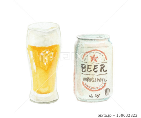 水彩絵の具で描いたシンプルなビールグラスと缶のイラスト 水彩絵の具で描いたシンプルなビールグラスと缶のイラスト 139032822