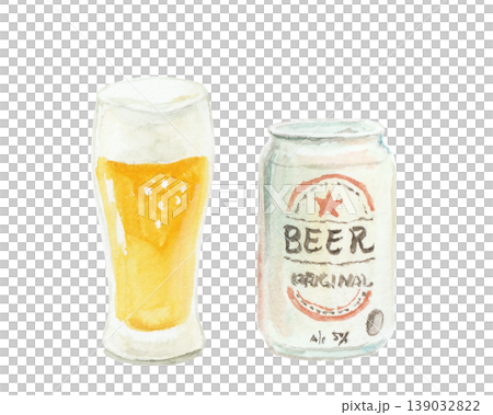 水彩絵の具で描いたシンプルなビールグラスと缶のイラスト 水彩絵の具で描いたシンプルなビールグラスと缶のイラスト 139032822
