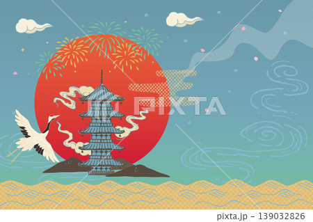 日本の伝統的なモチーフの背景イラスト、五重塔と鶴、花火、赤い太陽 139032826