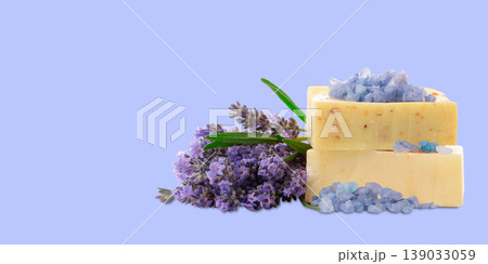 Lavender soap with lavender flowers and crystals placed together 139033059