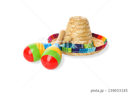 Colorful sombrero and maracas for Cinco de Mayo fun, isolated, PNG 139033185