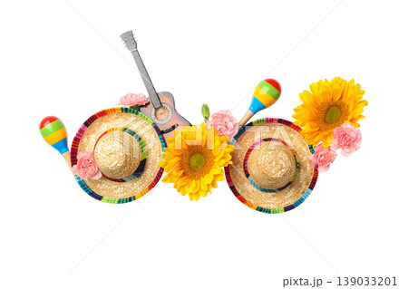 Sombreros, flowers, and guitar mark the celebration, isolated, PNG 139033201