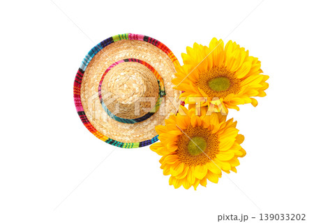 Hat and sunflowers show celebration of Cinco de Mayo, isolated, PNG 139033202