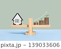 House and stack of coins with young green seedlings on a wooden balance scale. Property investment and house mortgage financial real estate concept. Topics of saving, investing. 139033606