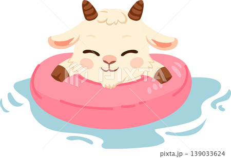 kawaii goat swimming with inflatable ring playful summer animal. kawaii goat swimming with inflatable ring playful summer animal. 139033624