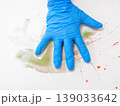 Gloved Open Hand With Paint Residue, Droplets And Streaks On Palm, Sample Residue Inspection, Tactile 139033642