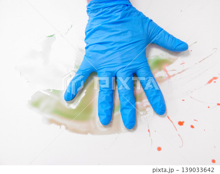 Gloved Open Hand With Paint Residue, Droplets And Streaks On Palm, Sample Residue Inspection, Tactile 139033642