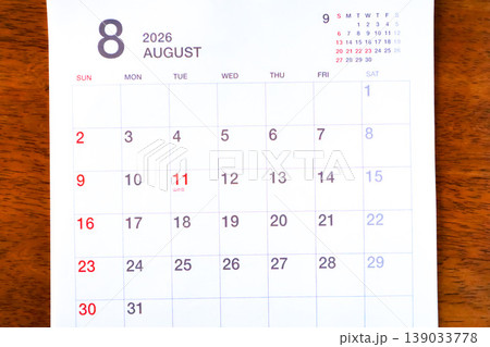 2026年カレンダー （8月） 139033778
