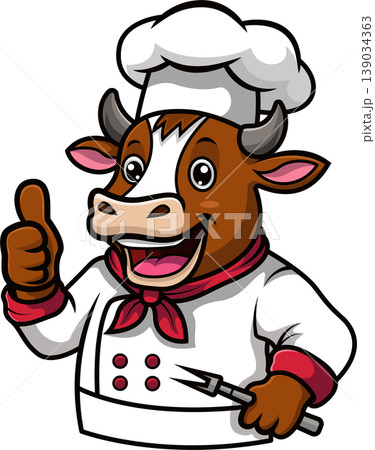Happy Chef Cow Mascot Giving Thumbs Up Happy Chef Cow Mascot Giving Thumbs Up 139034363