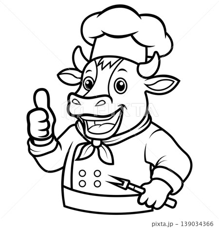Happy Chef Cow Mascot Giving Thumbs Up Line Art 139034366