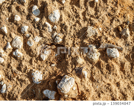 Texture of a sandy surface with compacted crushed stone. Detailed macro shot of mineral grains and stone fragments, featuring a rough tactile pattern of construction materials and gravel. 139034847