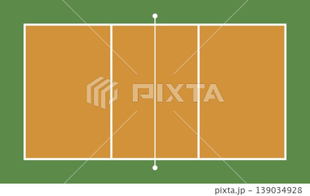 Top view of tennis court with clear white lines and orange playing surface, minimal flat design style. Sport field background ideal for game strategy, training concepts, competition visuals 139034928
