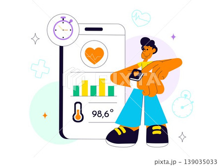 Wearable Health Tech Vector Illustration Smartwatch Fitness Tracker Monitoring Heart Rate Steps Calories and Digital Healthcare Innovation Design Wearable Health Tech Vector Illustration Smartwatch Fitness Tracker Monitoring Heart Rate Steps Calories and Digital Healthcare Innovation Design 139035033