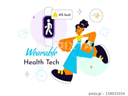 Wearable Health Tech Vector Illustration Smartwatch Fitness Tracker Monitoring Heart Rate Steps Calories and Digital Healthcare Innovation Design 139035034