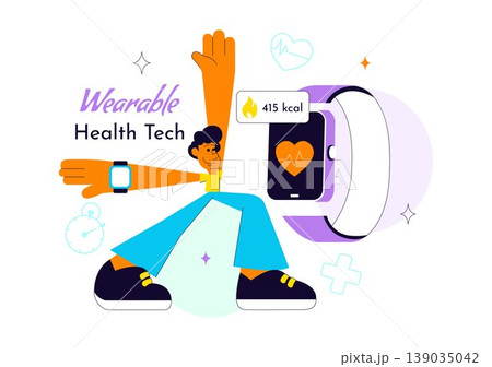 Wearable Health Tech Vector Illustration Smartwatch Fitness Tracker Monitoring Heart Rate Steps Calories and Digital Healthcare Innovation Design Wearable Health Tech Vector Illustration Smartwatch Fitness Tracker Monitoring Heart Rate Steps Calories and Digital Healthcare Innovation Design 139035042