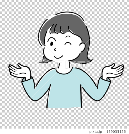 両手を広げてウインクする女性のシンプルイラスト(案内・解説・比較・お手上げ・人物素材） 139035126