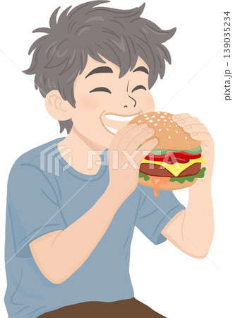 A smiling boy enjoying a juicy cheeseburger, capturing a fun and satisfying moment. A smiling boy enjoying a juicy cheeseburger, capturing a fun and satisfying moment. 139035234