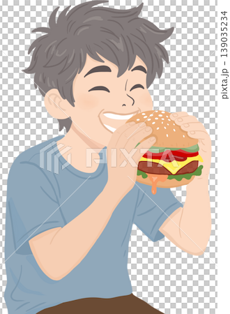 A smiling boy enjoying a juicy cheeseburger, capturing a fun and satisfying moment. A smiling boy enjoying a juicy cheeseburger, capturing a fun and satisfying moment. 139035234