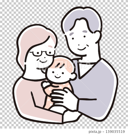 一幅溫馨的家庭插畫,色彩簡潔,描繪了祖父母和嬰兒;一對老年夫婦抱著嬰兒,注視著他。 一幅溫馨的家庭插畫,色彩簡潔,描繪了祖父母和嬰兒;一對老年夫婦抱著嬰兒,注視著他。 139035519
