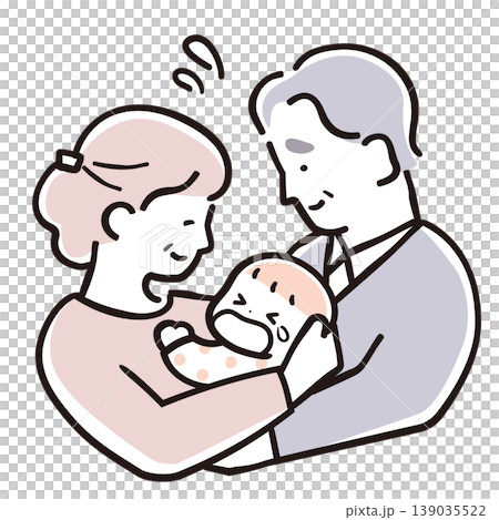 シンプル配色の赤ちゃんに戸惑う祖父母　育児に悩むシニア夫婦のイラスト 139035522