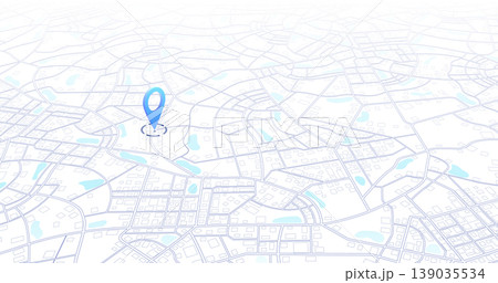 Isometric city map navigation with single blue location pin on white street grid. Vector illustration. Isometric city map navigation with single blue location pin on white street grid. Vector illustration. 139035534