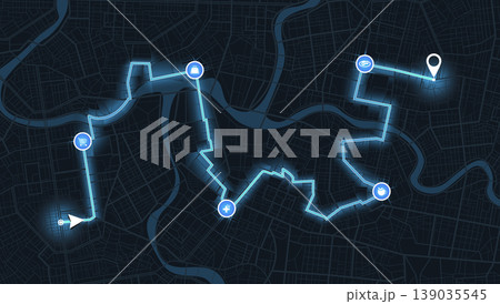 Dark city map with glowing navigation route connecting various points of interest icons. Vector illustration. 139035545