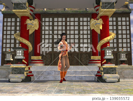 3D Female Fighter in Temple Courtyard with Sword 3D Female Fighter in Temple Courtyard with Sword 139035572