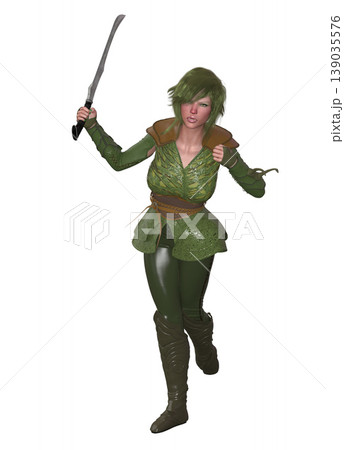 3D Female Warrior in Green Outfit with Sword 3D Female Warrior in Green Outfit with Sword 139035576