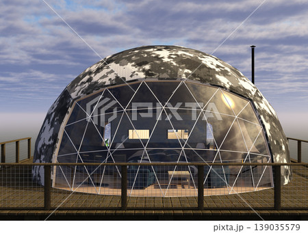 3D Geodesic Dome Habitat over Blue Sky 3D Geodesic Dome Habitat over Blue Sky 139035579